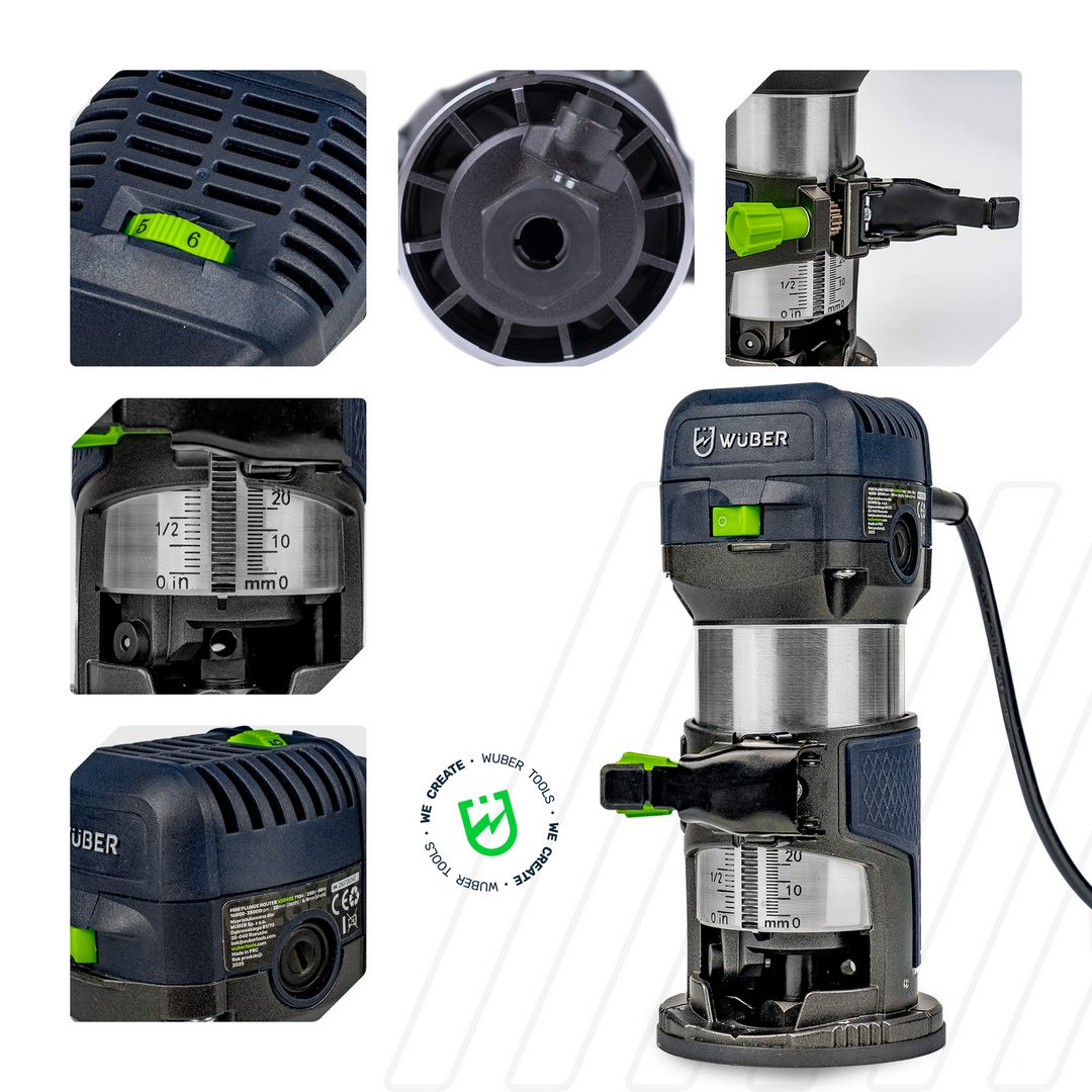 6-ścio stopniowa regulacja prędkości, głębokość frezowania, solidna obudowa w frezarce górnowrzecionowej W28402 WUBER