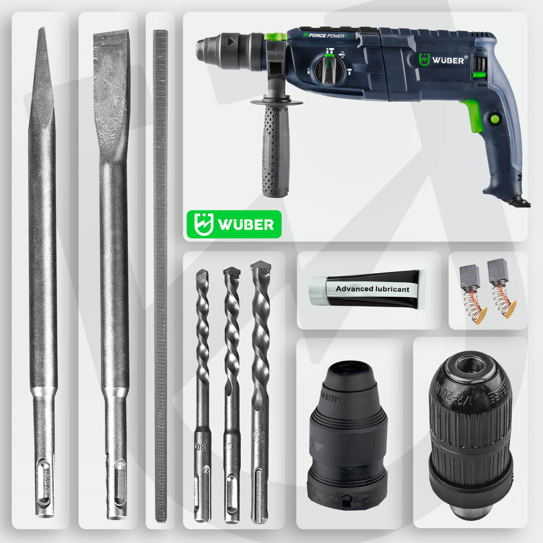 Akcesoria z młotowiertarką: szpicak, dłuto, wiertła, uchwyt SDS, smar, szczotki węglowe i ogranicznik głębokości
