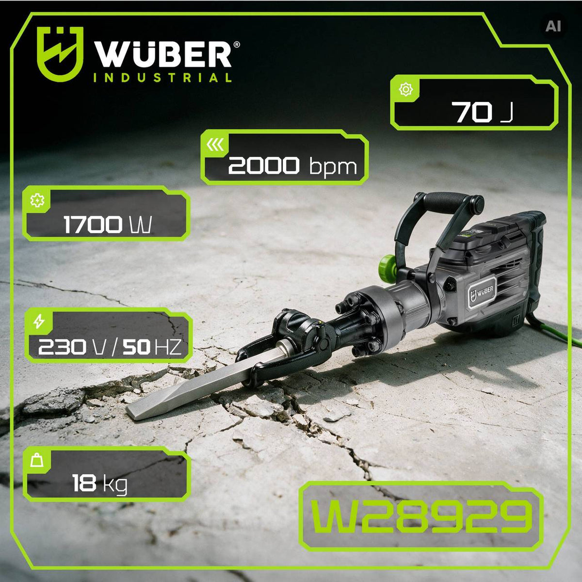 Młot wyburzeniowy udarowy 1700 W 70 J + dłuta i walizka WUBER