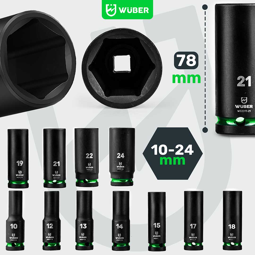 Zestaw nasadek udarowych długich 11 sztuk 1/2" 6-kątne WUBER