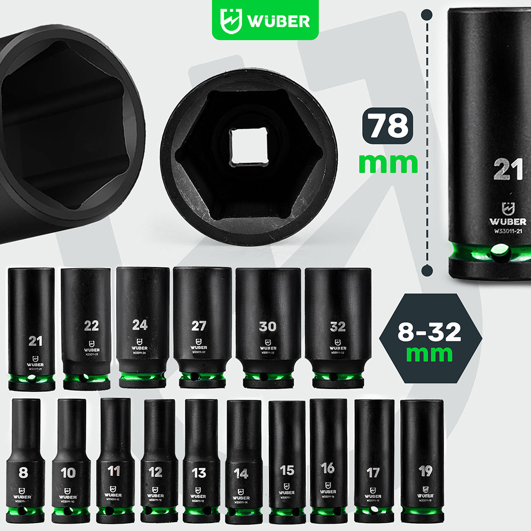 Zestaw nasadek udarowych długich 16 sztuk 1/2" 6-kątne WUBER