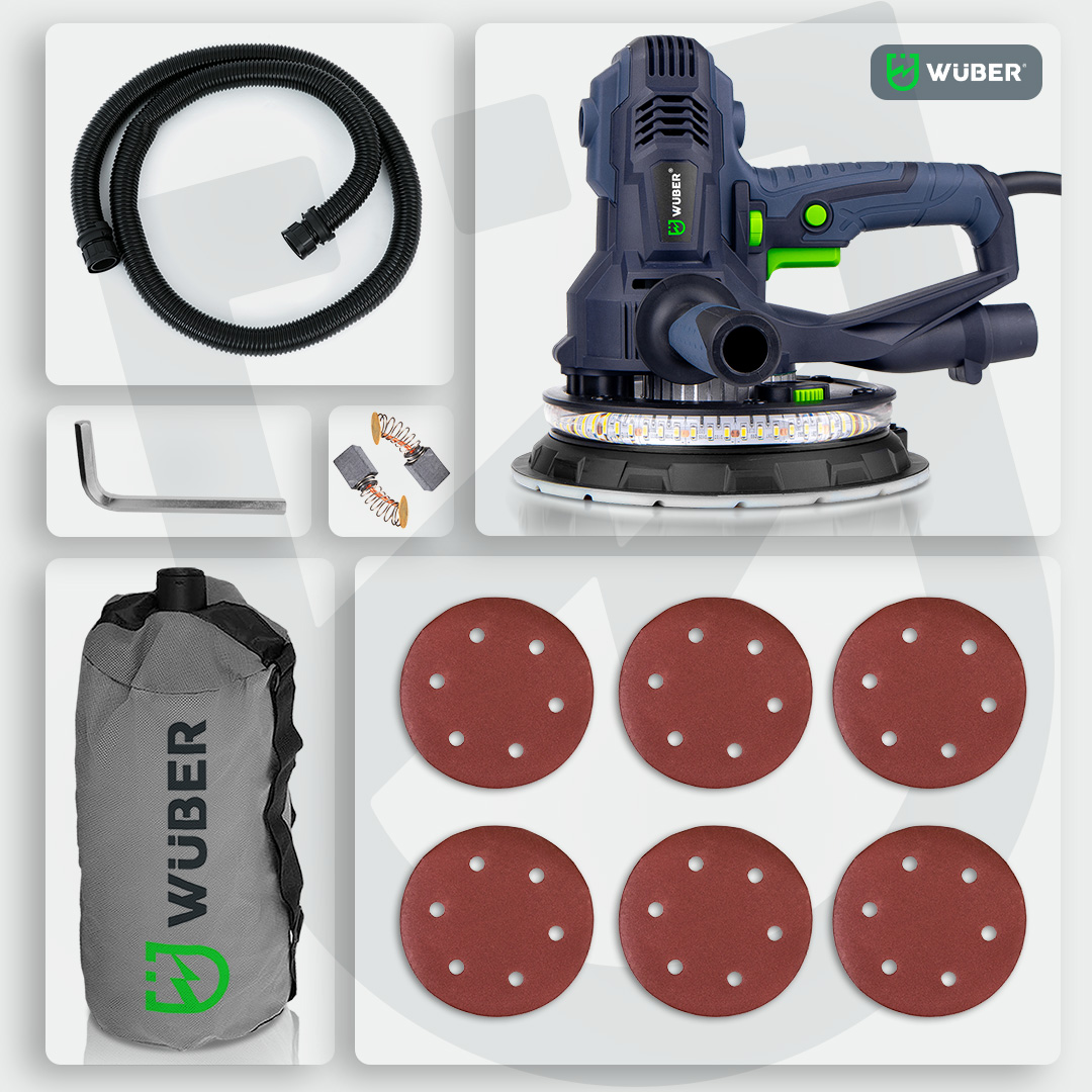 Szlifierka do gipsu gładzi 800W 180mm +15 papierów + taśma LED